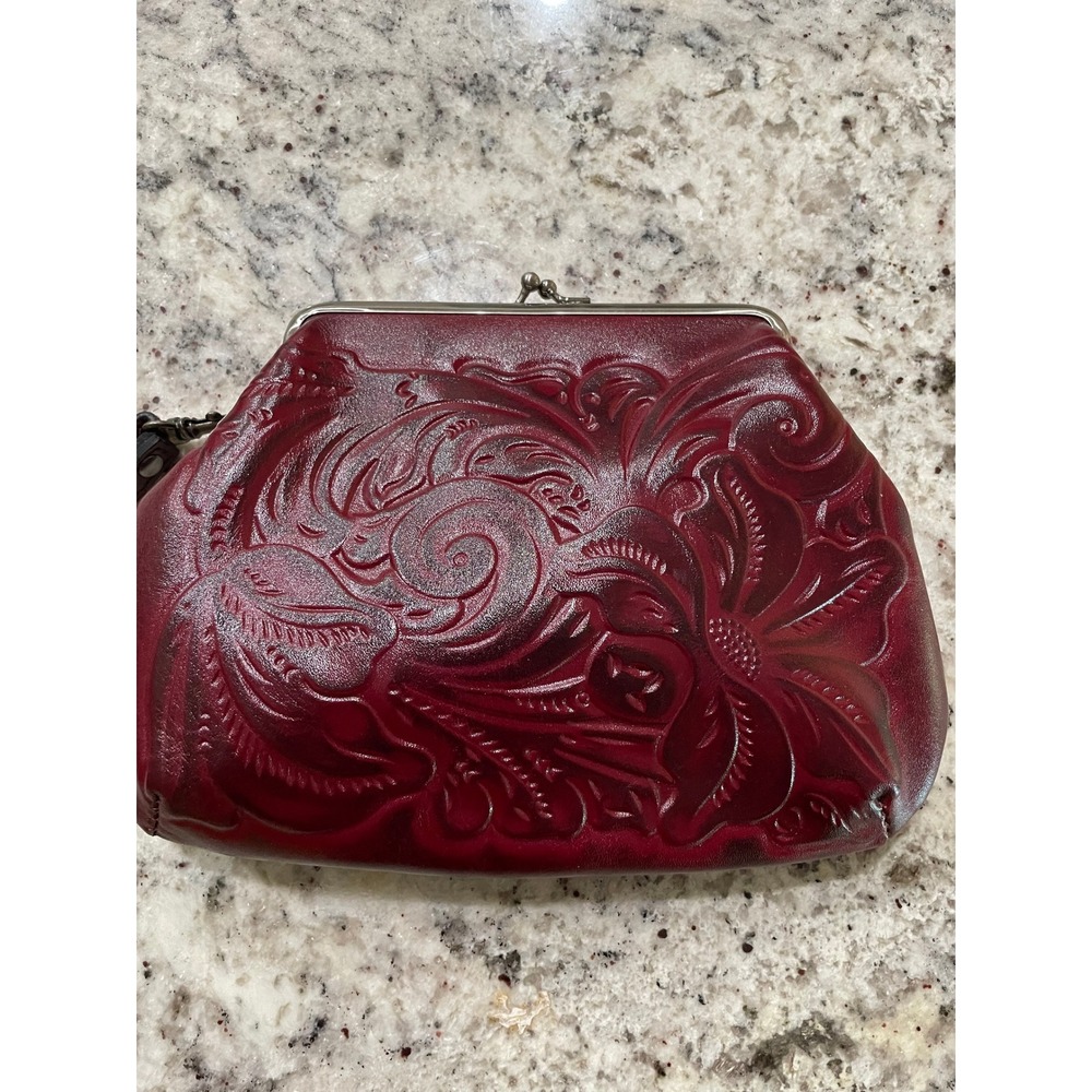 Patricia Nash Burgundy Tooled Leather Kiss Lock Wristlet Clutch Bag Floral - Picture 2 of 6